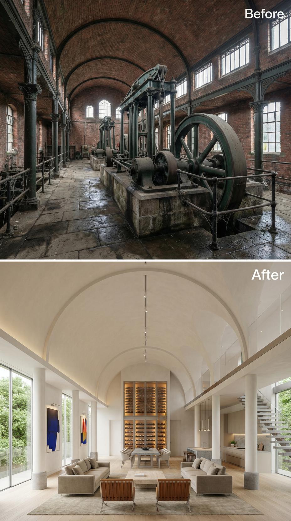 Flywheel Hall Replastered White, Wine Wall Centered, Mezzanine Cut Into Both Flanks