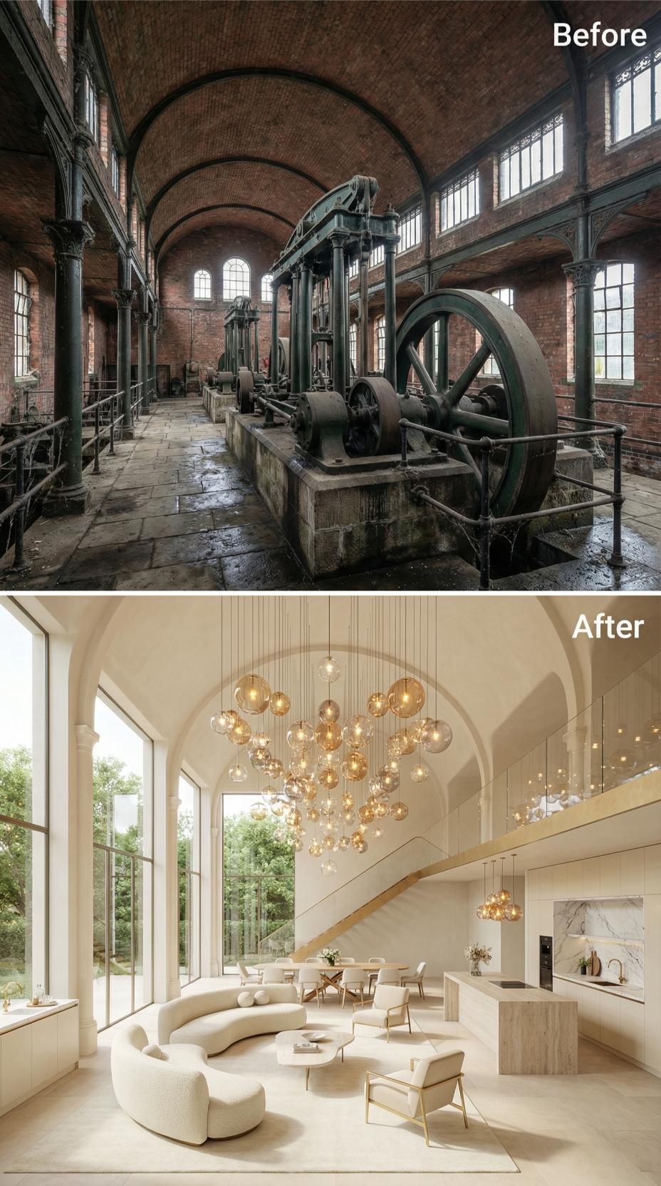 Flywheel Hall Replastered Ivory, Globe Chandelier Installed, Bouclé Curved Sofa Centered Below