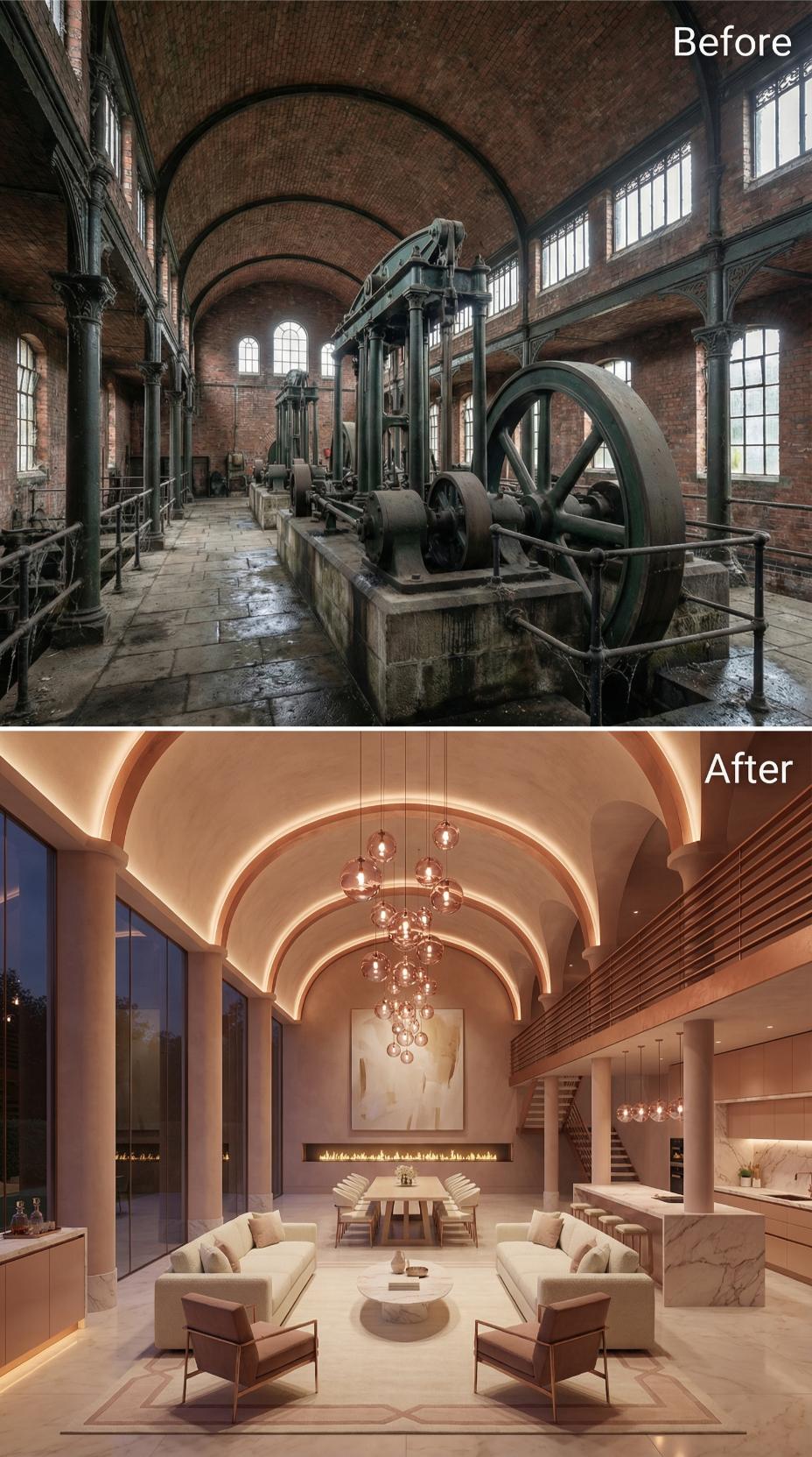 Flywheel Hall Replastered Blush, Cove-Lit Vaults Running the Full Length, Marble Island Anchoring the Right