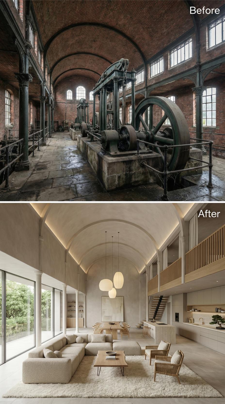 Flywheel Hall Replastered Ivory, Mezzanine Inserted, Bouclé Sofas Anchoring the Open Plan