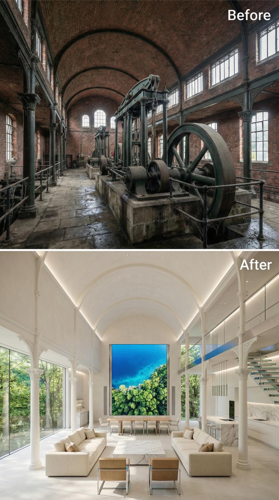 Flywheel Hall Replastered Chalk White, Cove Strip Running the Vault, Aerial Canvas Anchoring the Wall