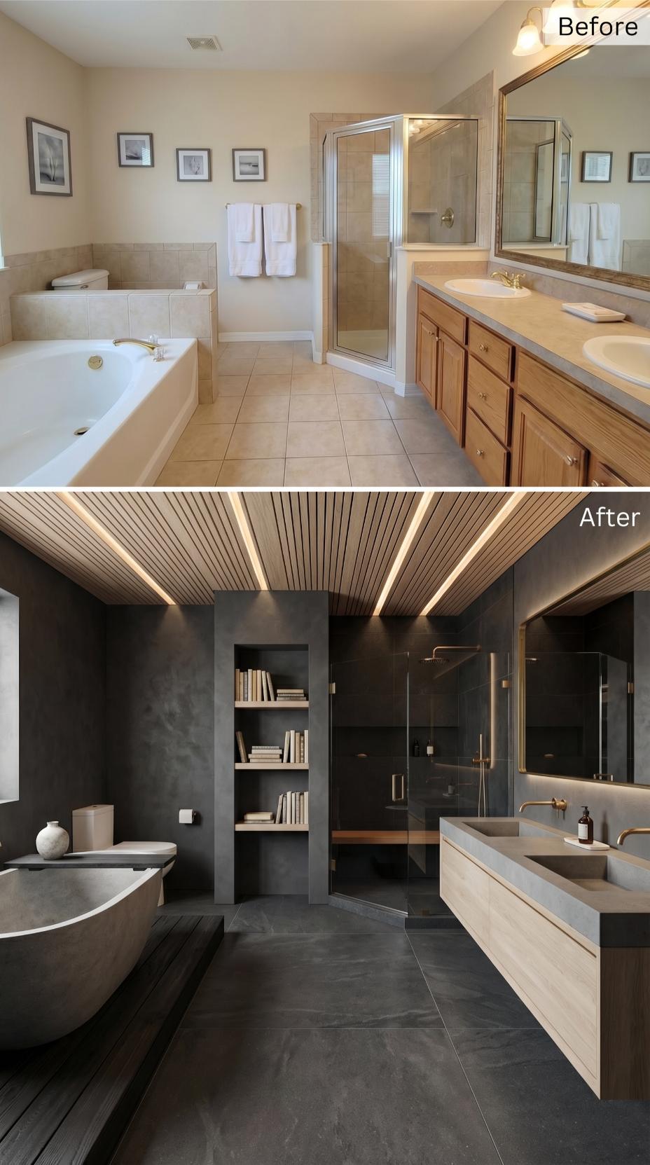 Dark Concrete, Wood Slat Ceiling, and the End of Builder-Grade Forever