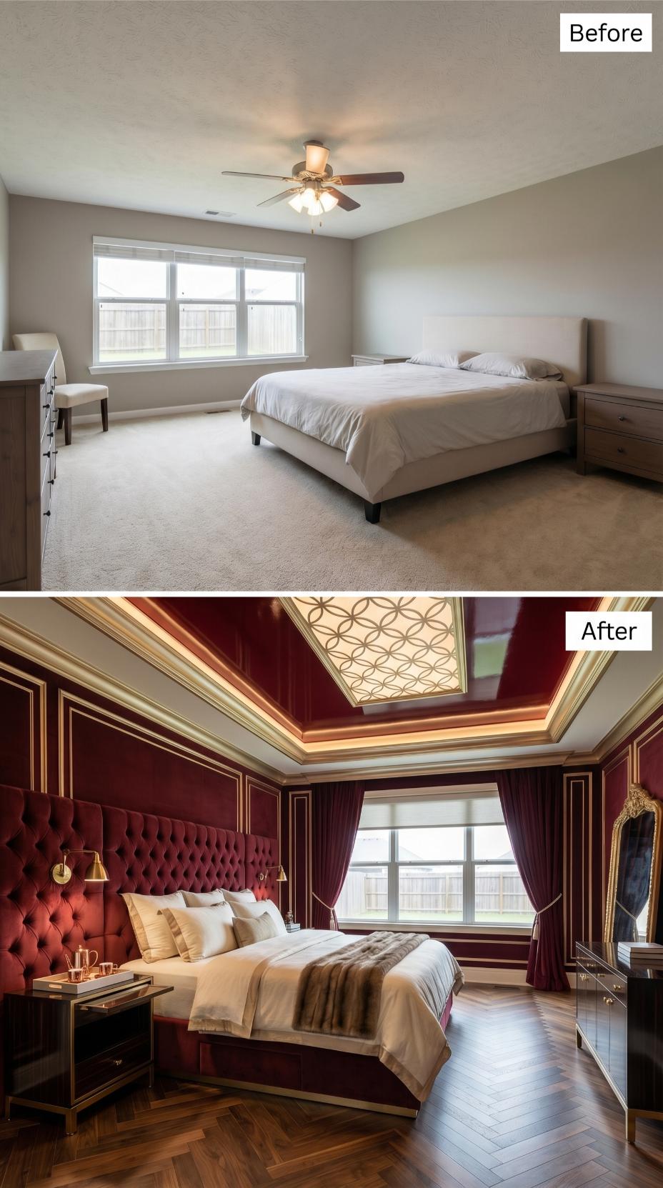 Crimson Velvet Walls and Herringbone Floors Replace Beige Builder Carpet