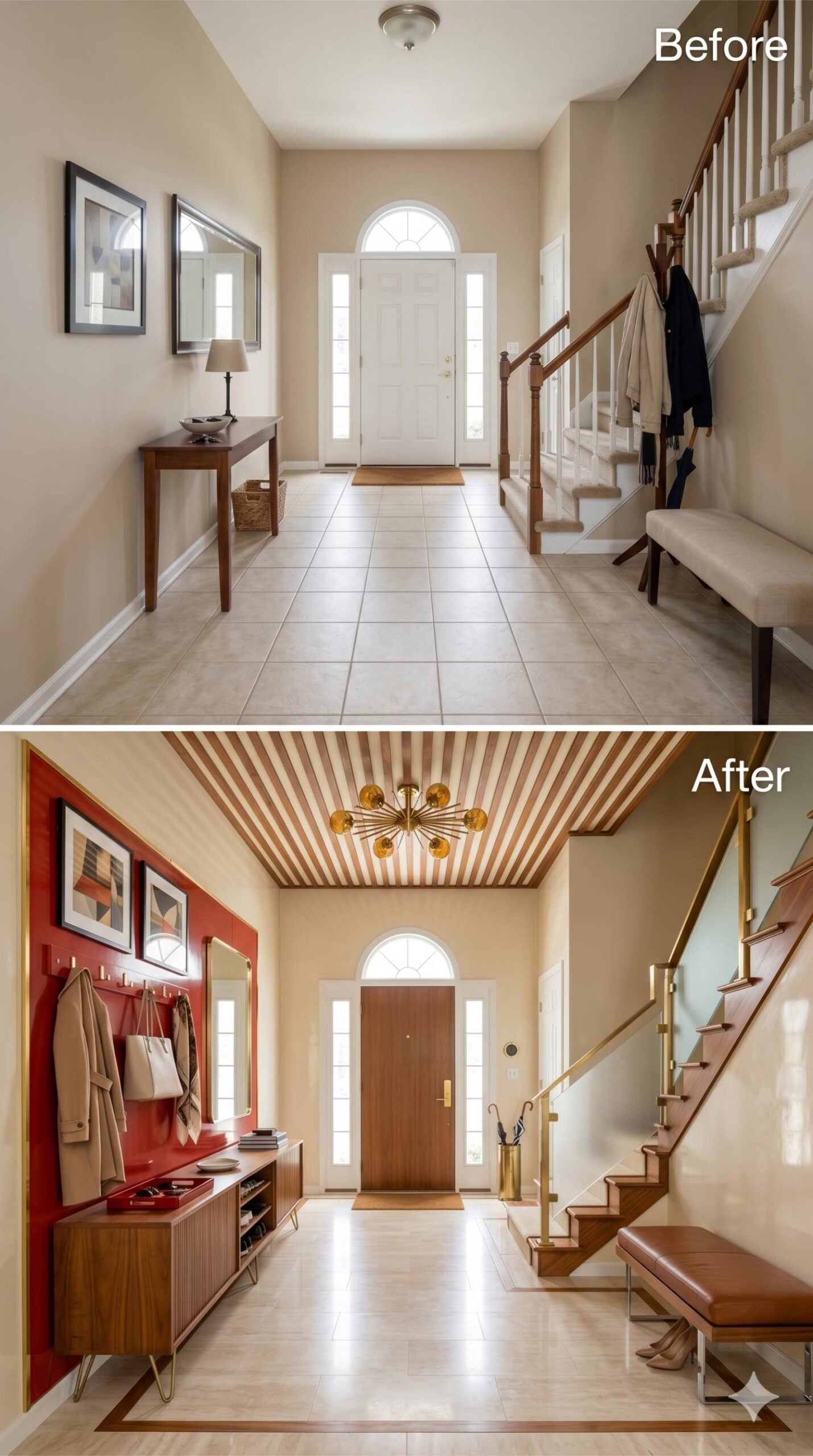 Mid-Century Foyer With Striped Ceiling and Red Accent Wall
