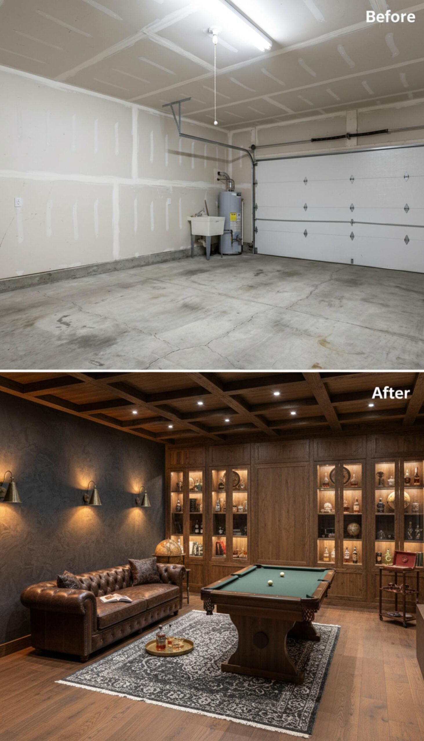 Coffered Wood Ceilings and Whiskey Shelves Redefine a Two-Car Garage