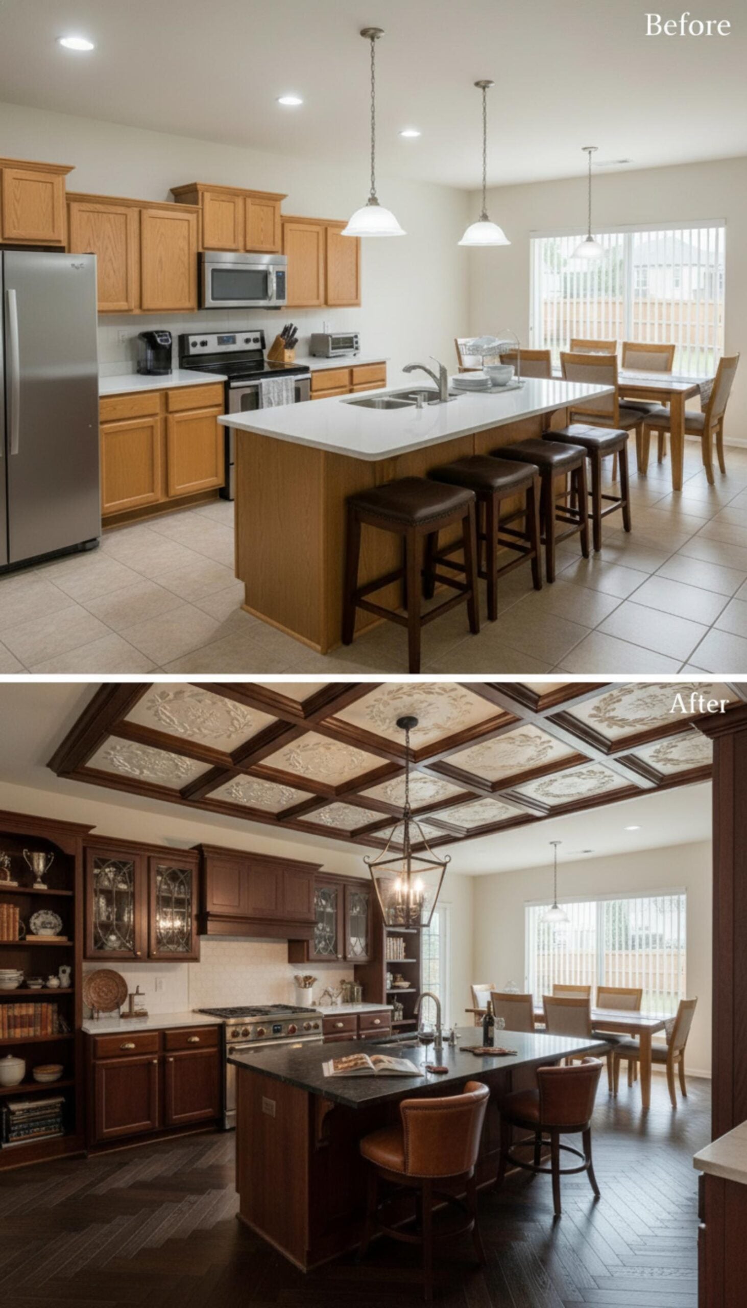 Coffered Ceiling Panels and Dark Walnut Cabinets Rewrite the Rules of Kitchen Gravity