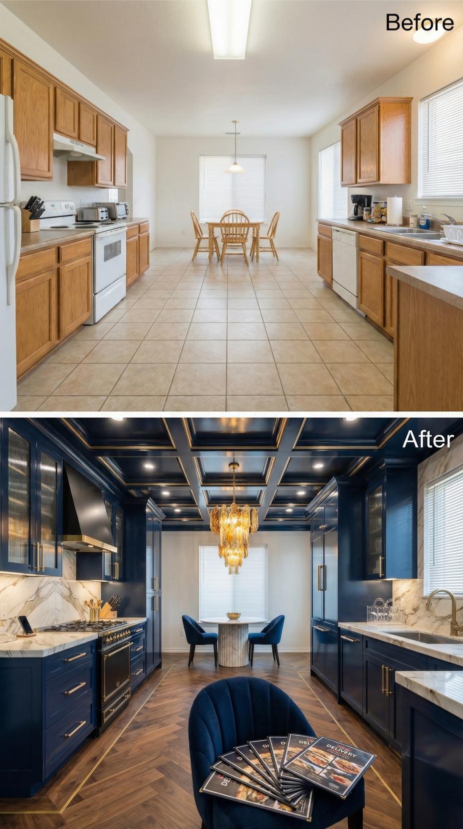 Navy Blue Cabinets and Gold Trim Replaced Every Inch of Honey Oak