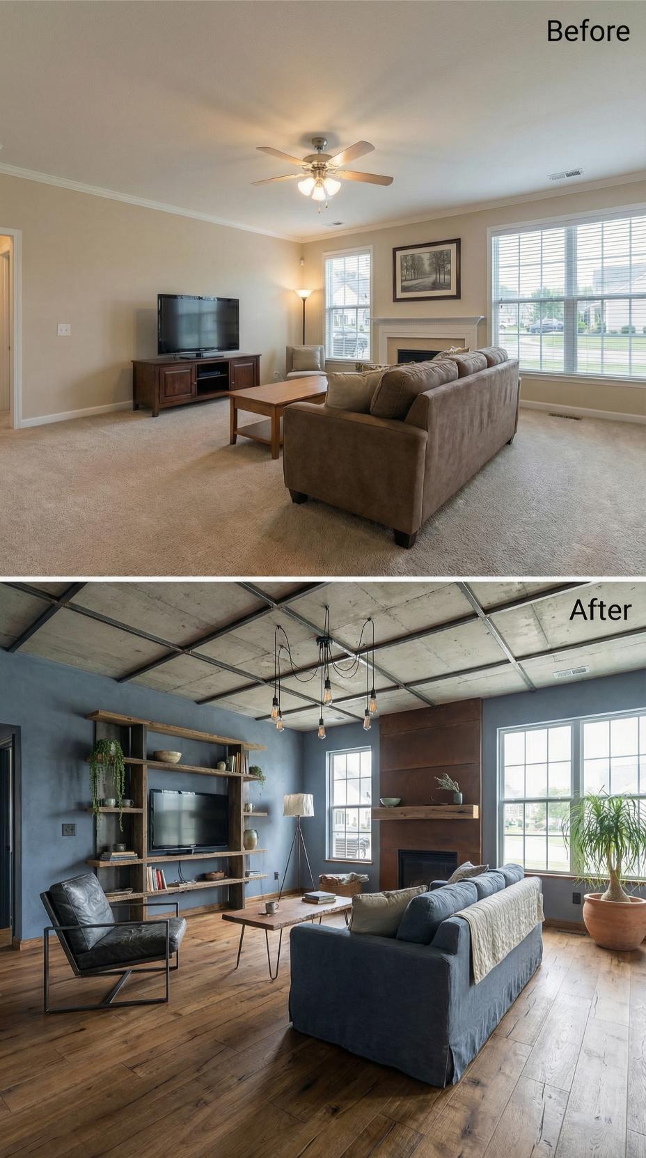 Industrial Coffered Ceiling and Raw Wood Shelving Swap Carpet for Wide-Plank Oak