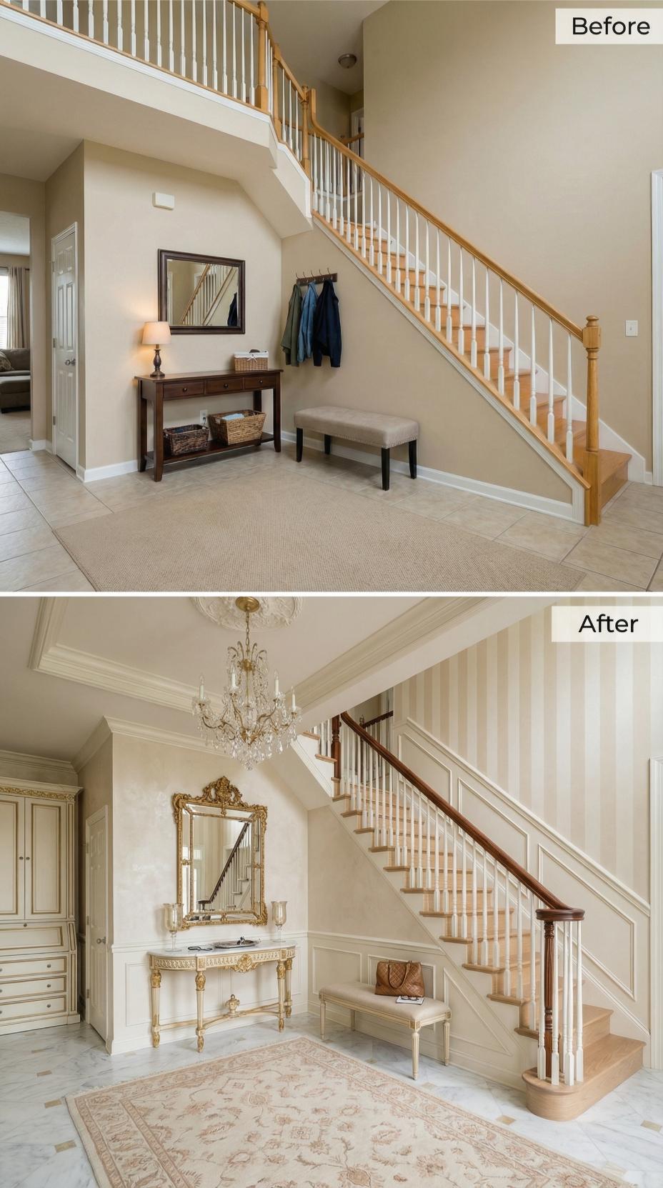 Gold Leaf, Crystal Candles, and Wainscoting Fix a Foyer That Had Nothing to Say