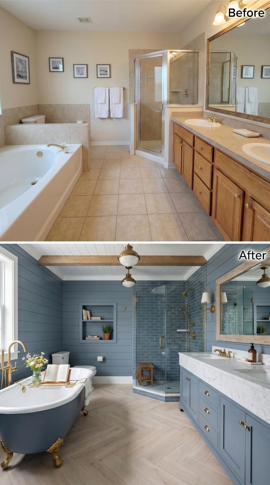 Slate Blue Shiplap, a Clawfoot Tub on Gold Feet, and Herringbone Wood-Look Floors