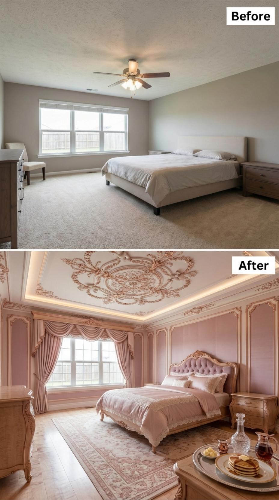 Rococo Plasterwork Ceiling and Velvet Tufted Headboard Replace Carpet and Ceiling Fan