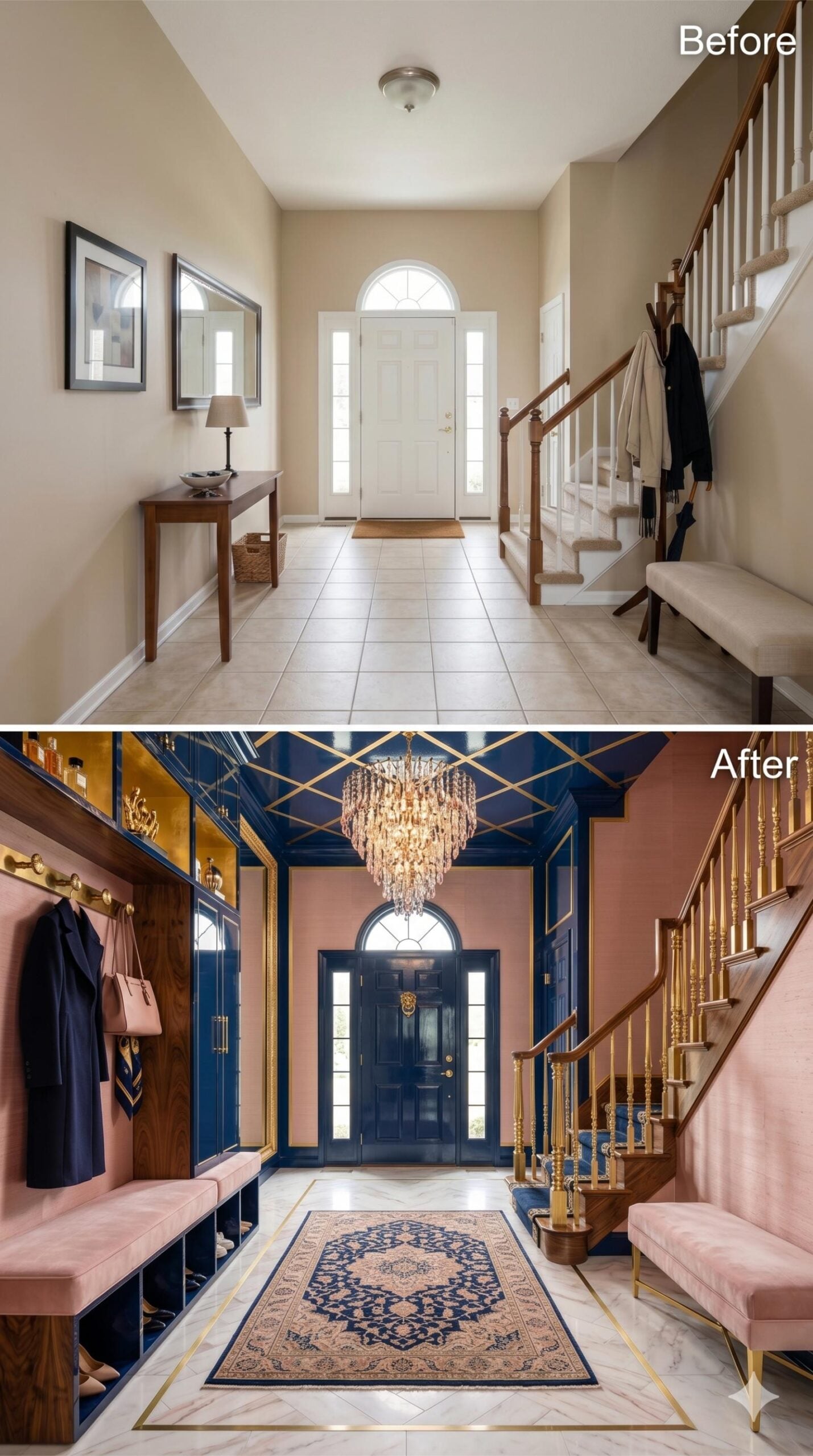 Navy Lacquer Ceilings and a Crystal Chandelier Make This Foyer Demand Attention