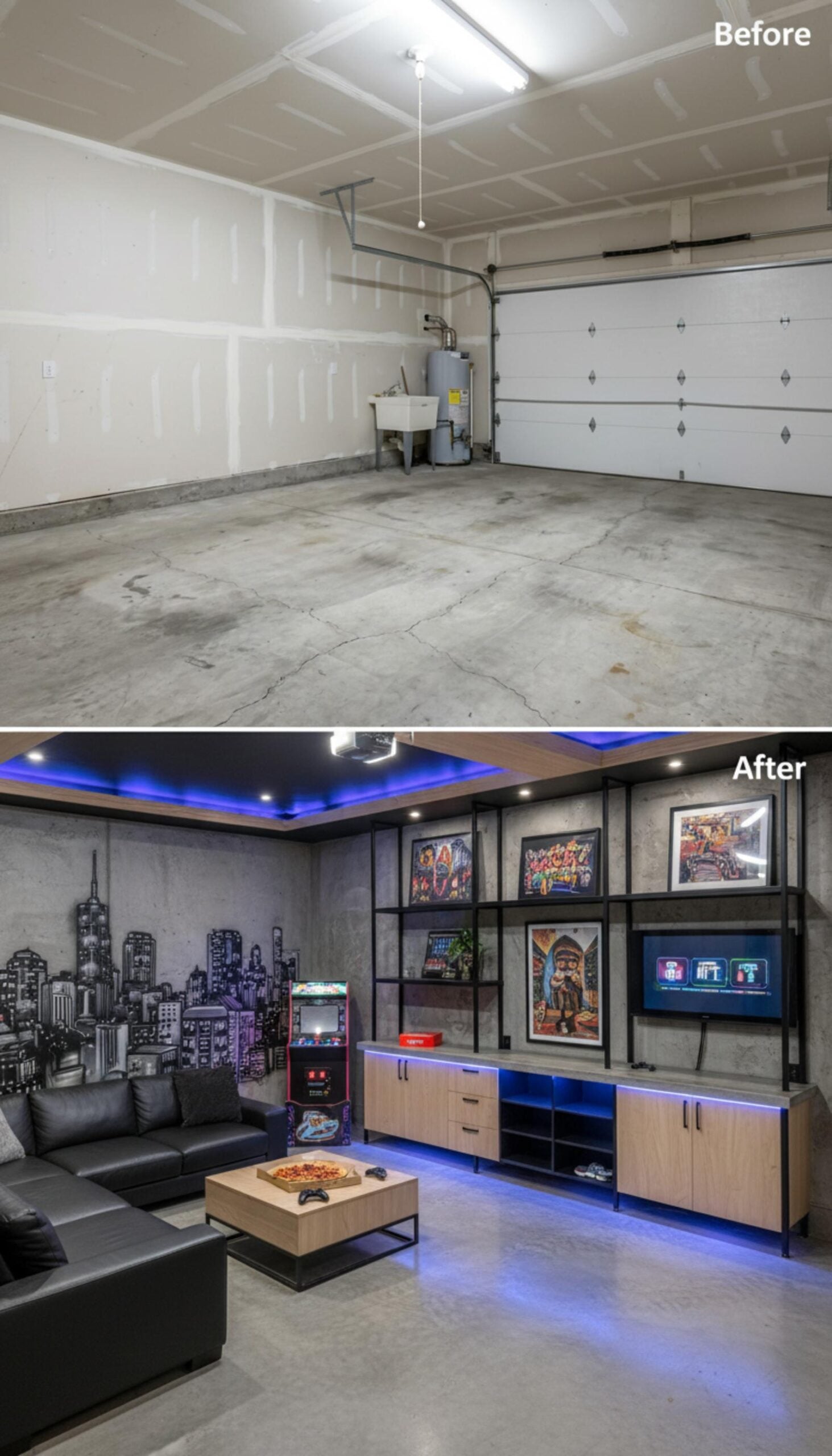 Blue LED Cove Lighting and a City Mural Make One Garage a Gaming Sanctuary