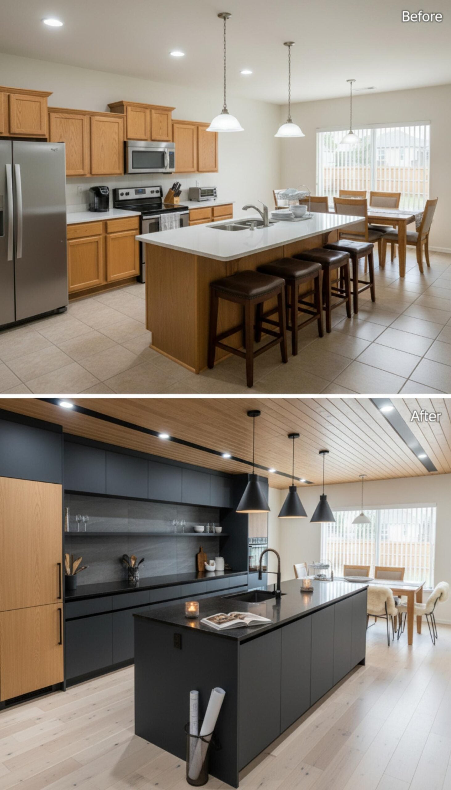 Matte Black Cabinets, Blonde Wood Ceiling, and Three Cone Pendants Over a Dark Granite Island