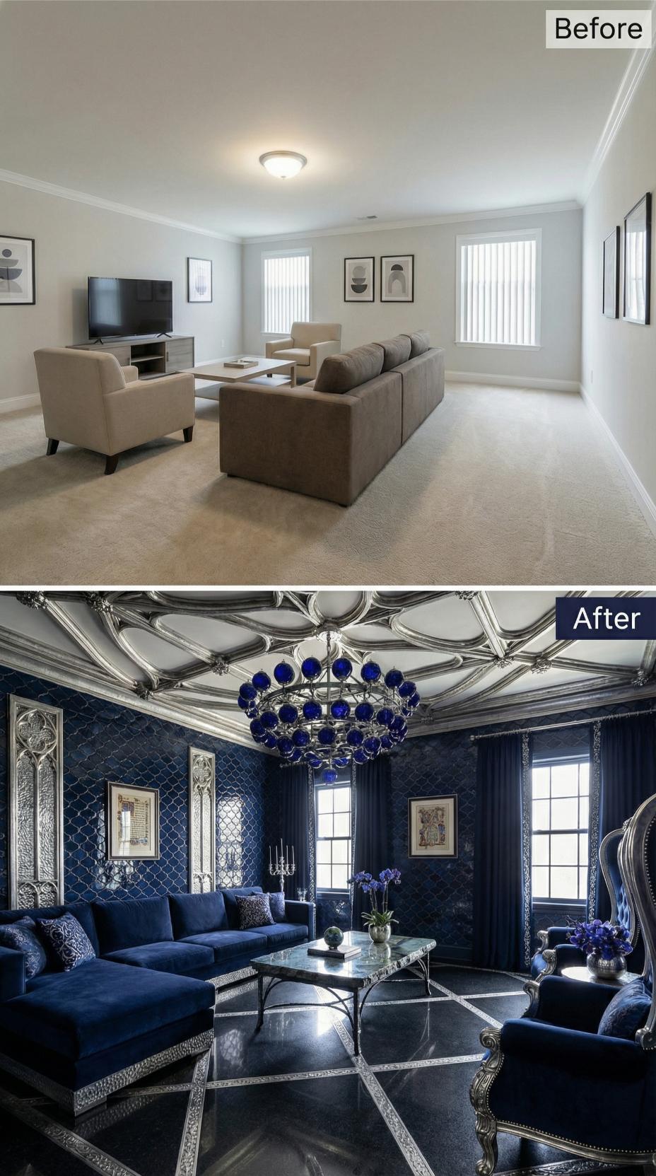 Silver Plasterwork and Cobalt Velvet Buried the Builder-Grade Box Entirely