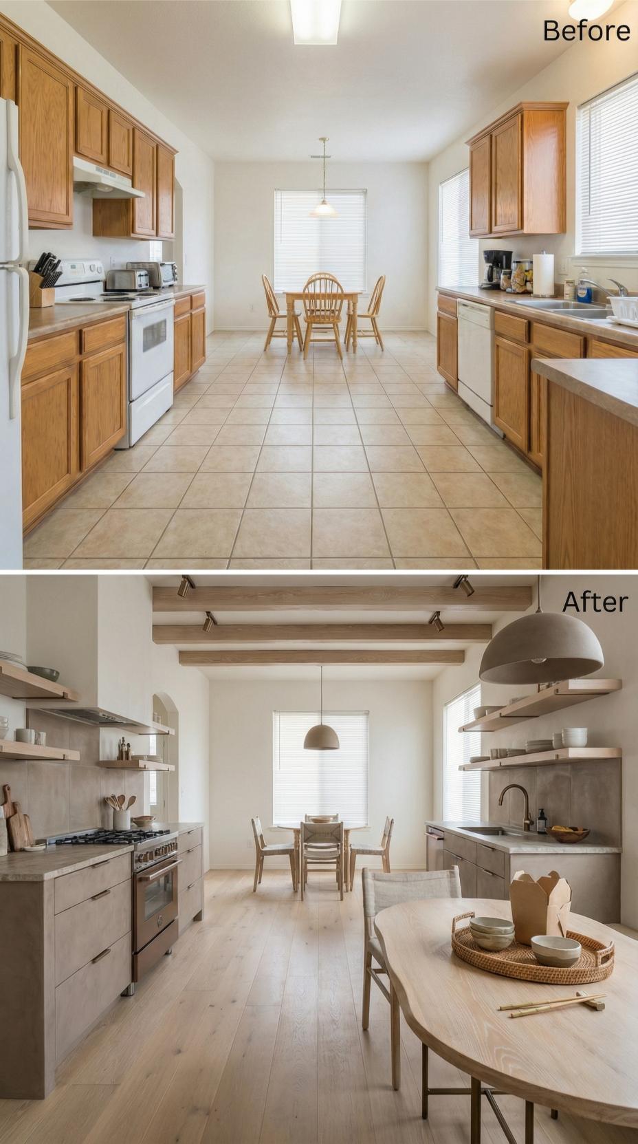 Exposed Ceiling Beams and Flat-Face Cabinetry Closed the Book on Honey Oak
