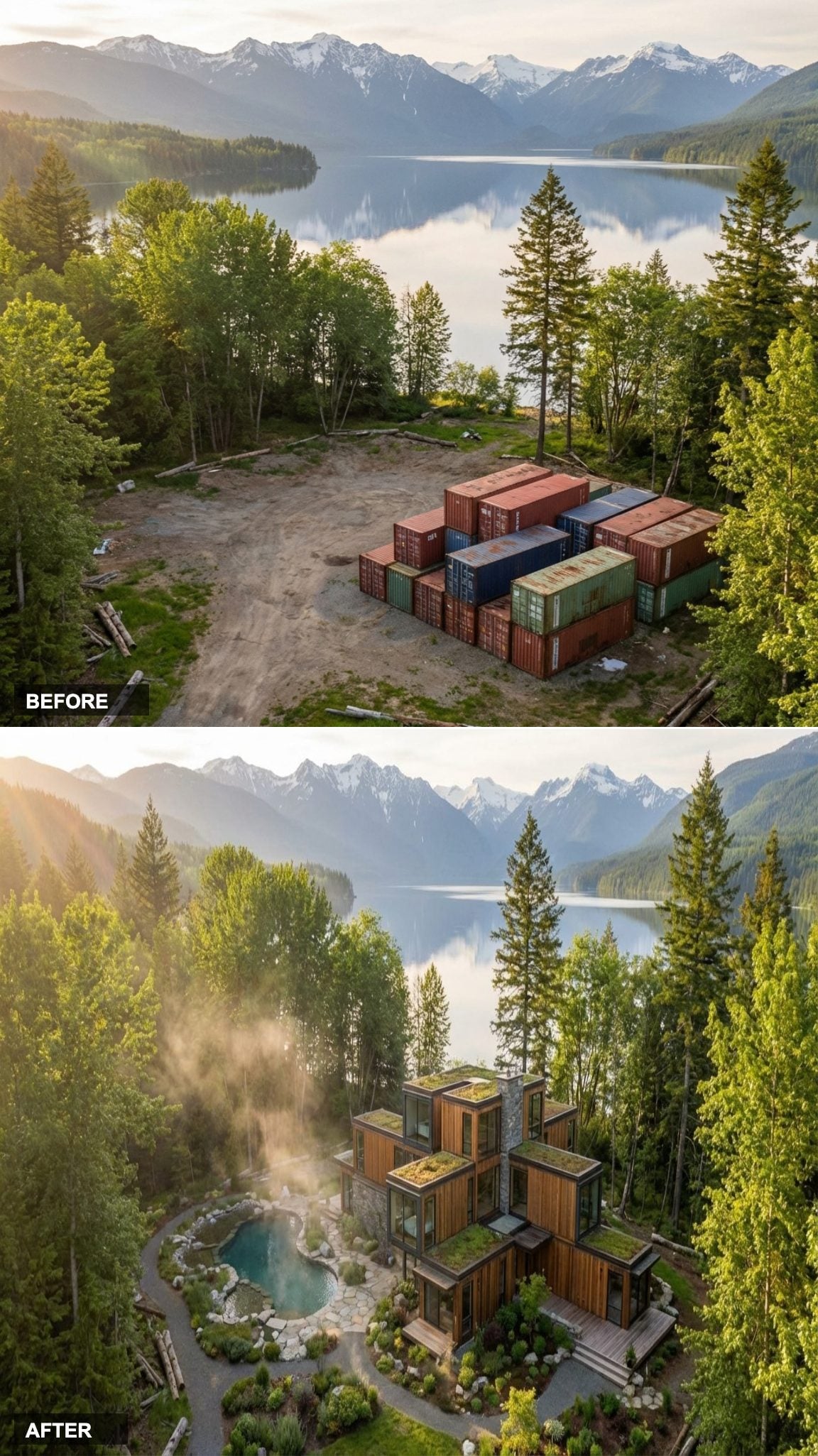 Forest Integration: A Staggered Container Retreat With a Natural Stone Pool and Morning Light Filtering Through Trees