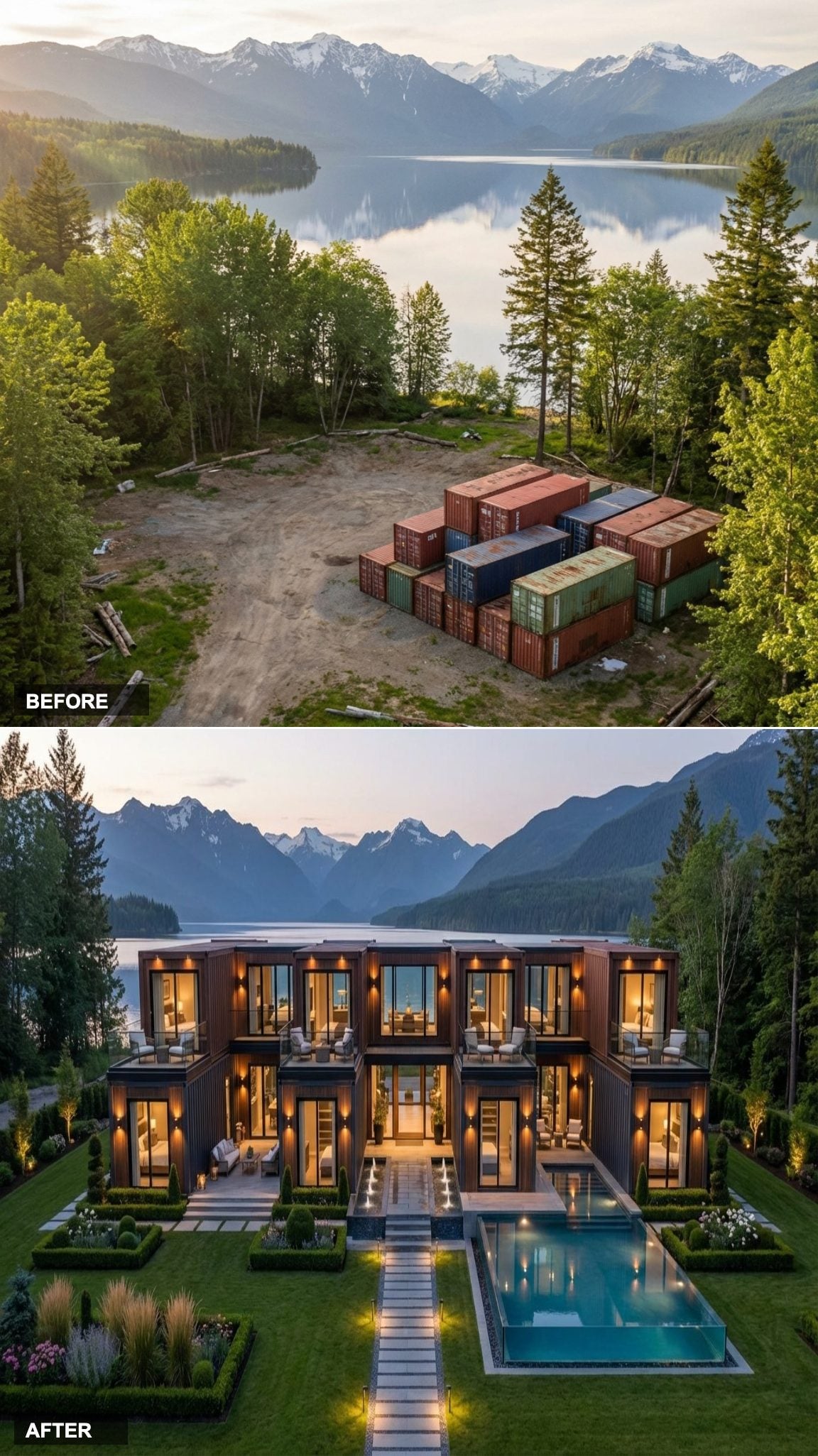 Symmetry and Grandeur: A Two-Story Container Villa With a Glass-Edge Pool and Formal Garden