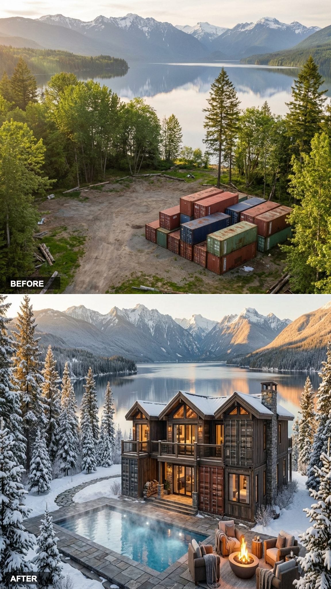 Alpine Warmth: A Multi-Level Container Chalet With a Heated Pool Surrounded by Snow and Pine