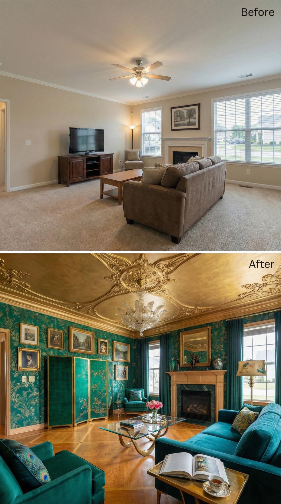 Gold Plasterwork Ceiling and Teal Velvet Swap Subdivision Neutral for Baroque Drama