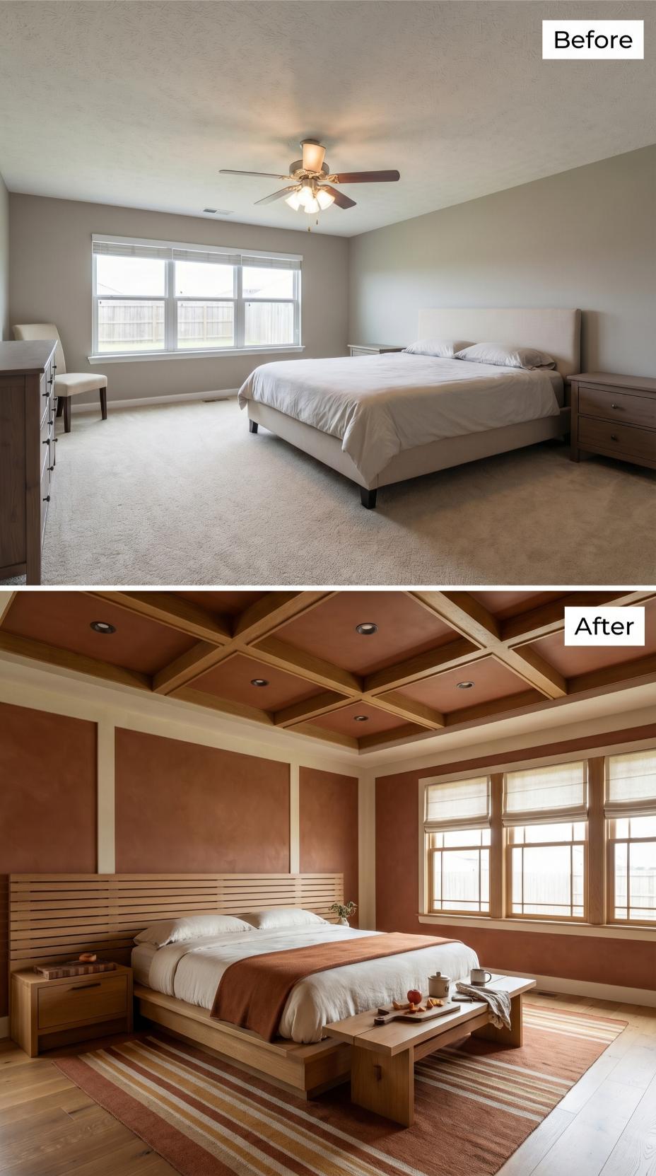 Terracotta Venetian Plaster and a Coffered Ceiling Replace Flat Paint and Builder Fan