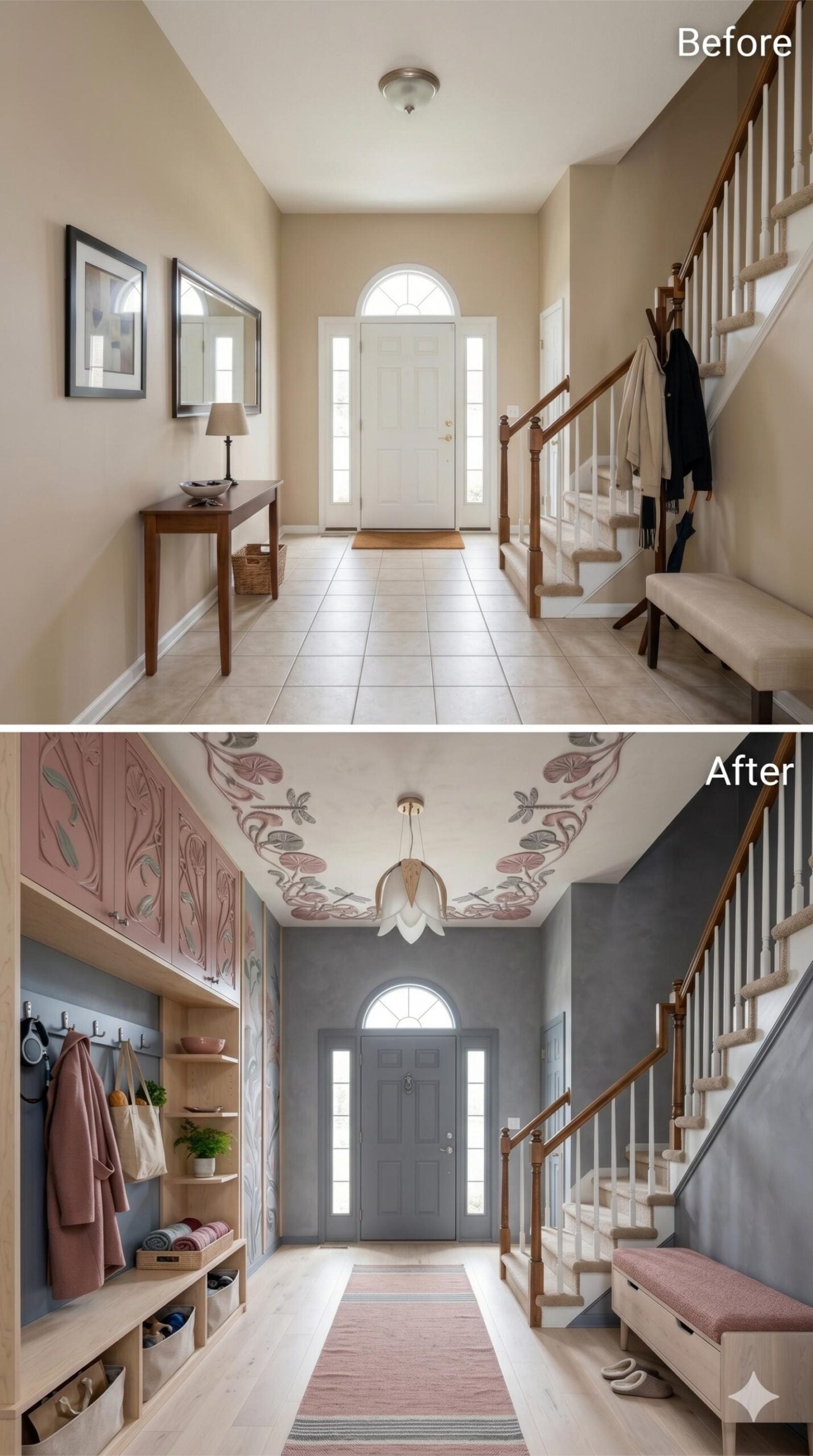 Art Nouveau Ceiling Murals and Light Maple Built-Ins Redefine Foyer Storage