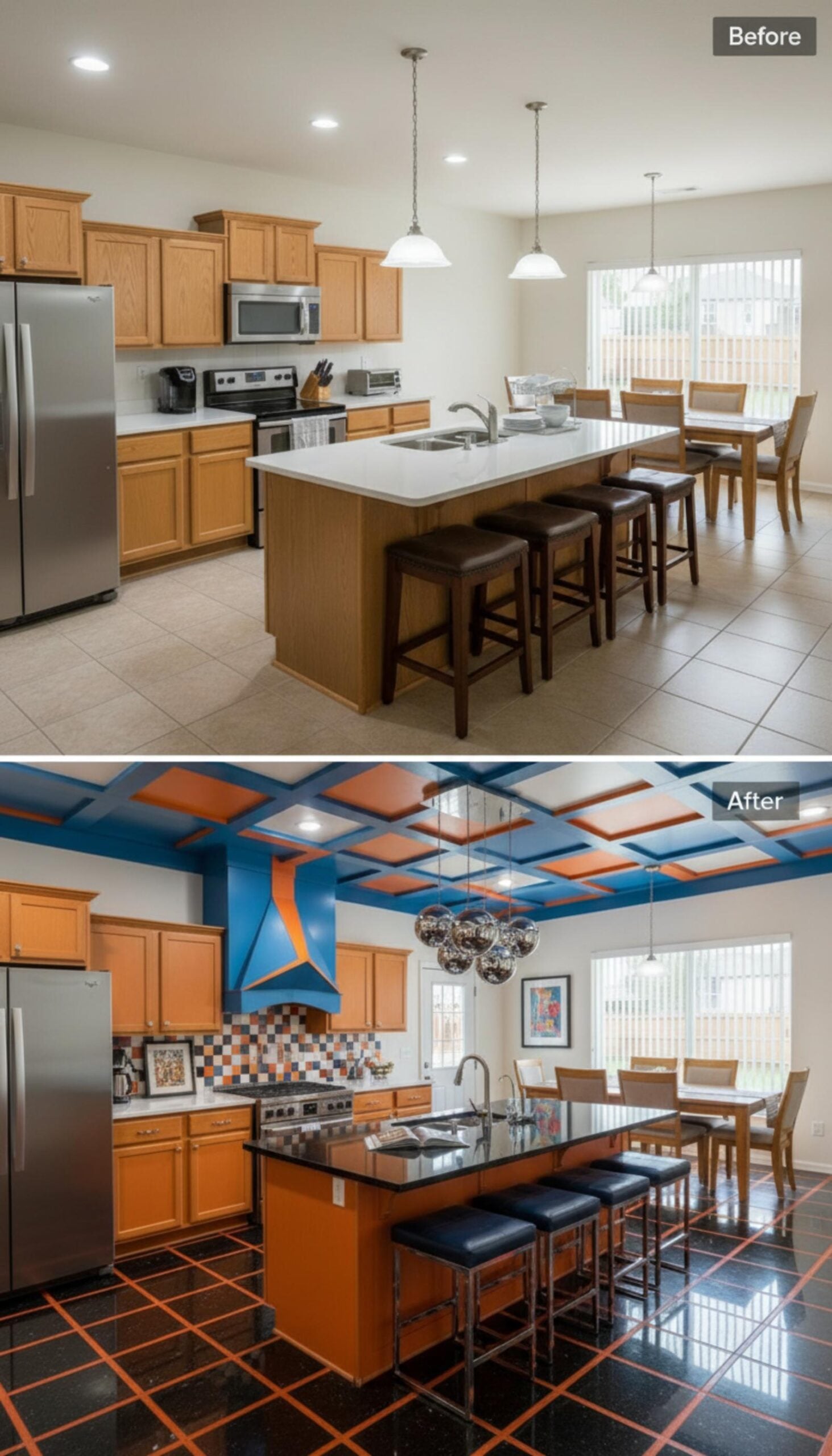 Bold Orange and Blue Coffered Ceiling Turns a Basic Kitchen Into a Color Manifesto