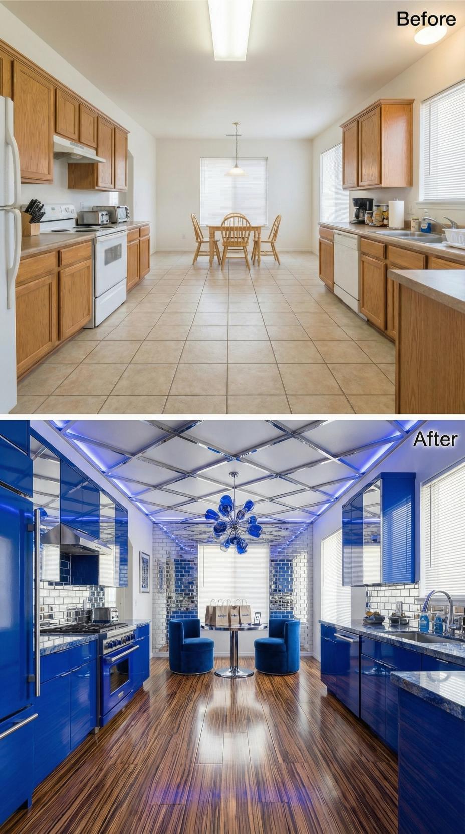 Royal Blue Lacquer and a Mirrored Grid Ceiling Declared War on Beige Tile