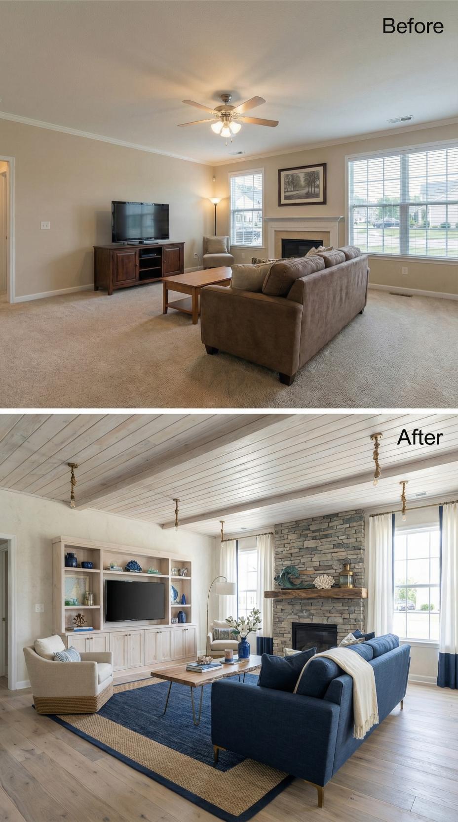 Shiplap Ceiling Planks and a Stone Fireplace Pull a Beige Box Into Coastal Territory
