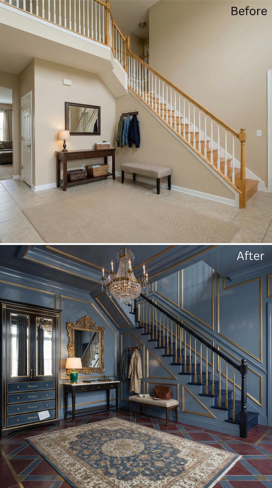 Slate Blue Lacquer, Gold Moulding, and a Crystal Chandelier Replace Oak and Beige