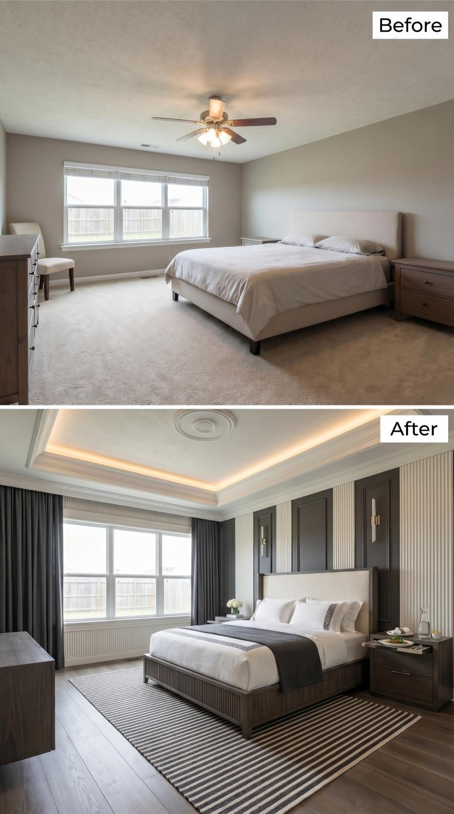 Fluted Wall Panels and a Tray Ceiling With Cove Lighting Replace Carpet and Ceiling Fan