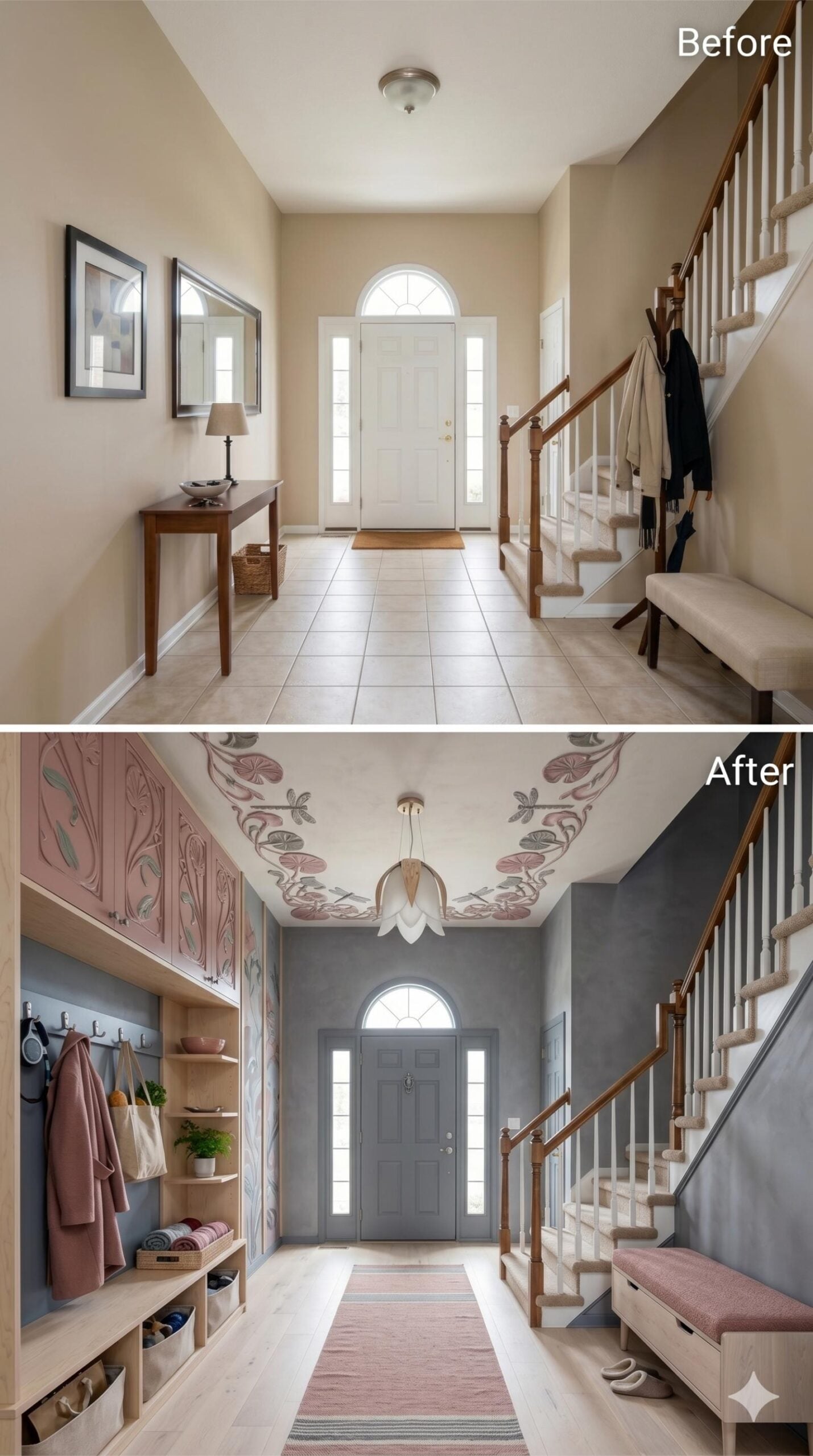 Art Nouveau Ceiling Murals and Blush Cabinet Fronts Make Storage Feel Like Architecture
