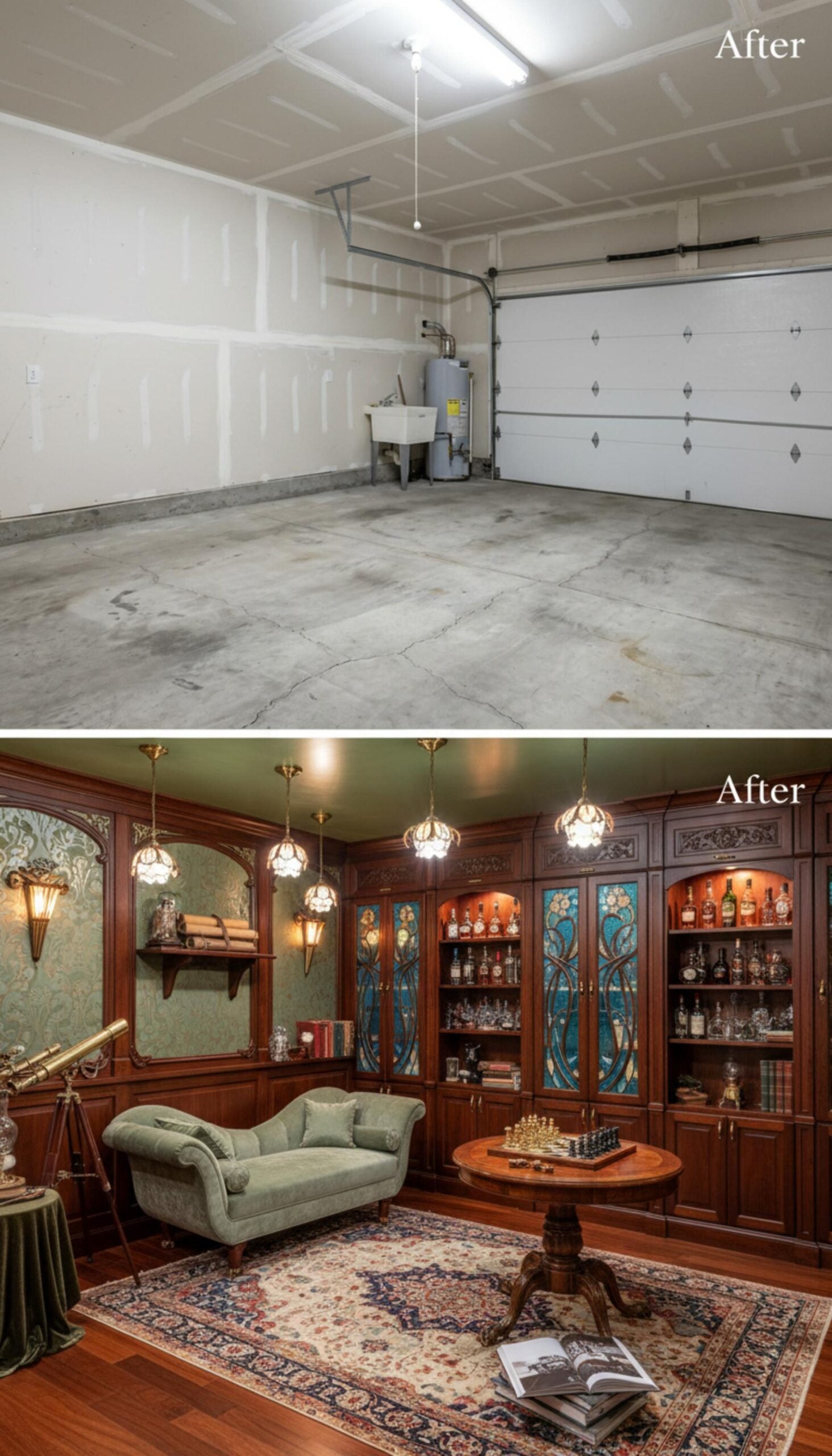 Art Nouveau Garage Library With Stained Glass Cabinets and a Whiskey Wall