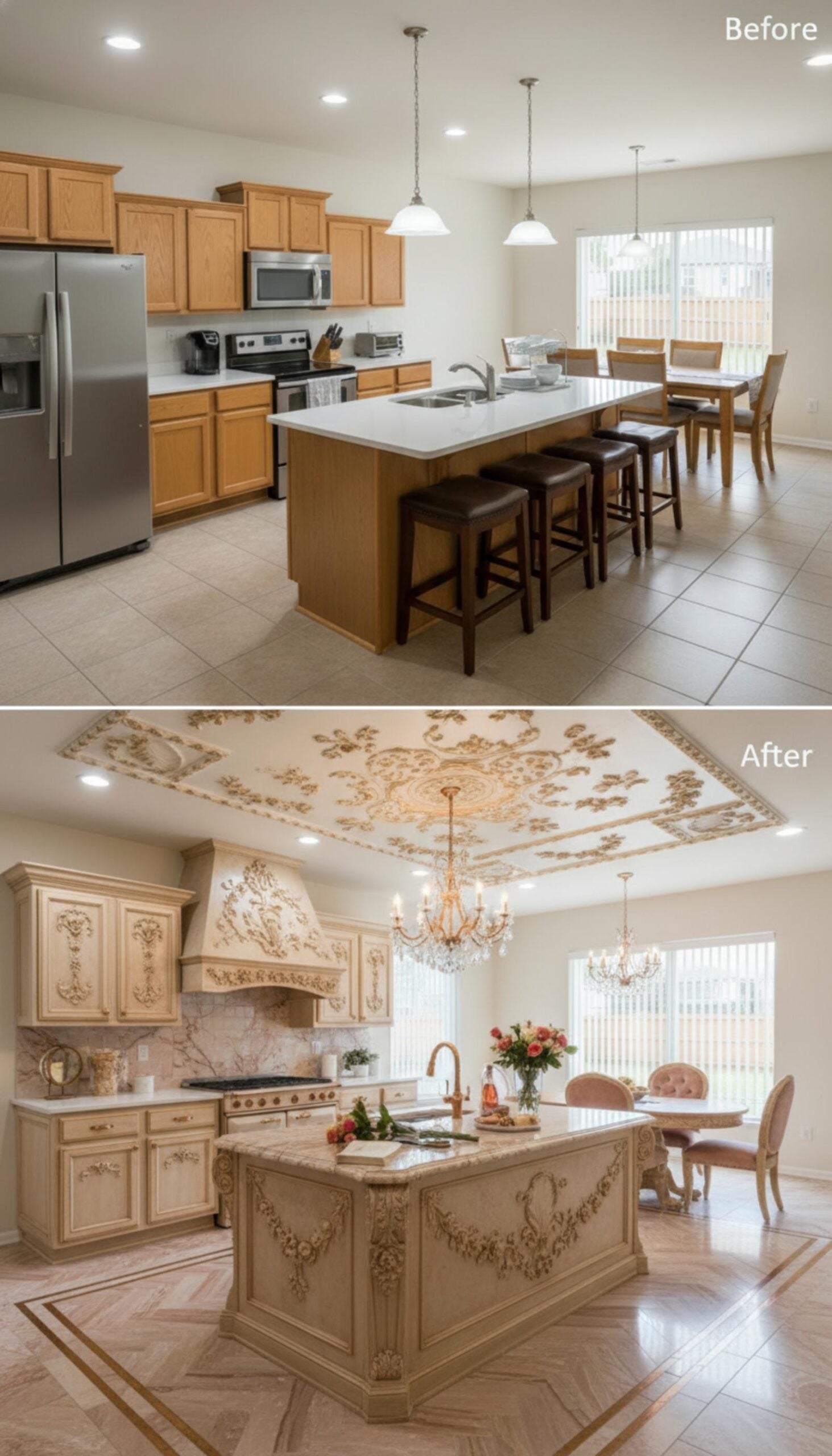 Rococo Plasterwork on the Ceiling, Carved Cabinet Panels, and Gold Fixtures Signal a Full Commitment