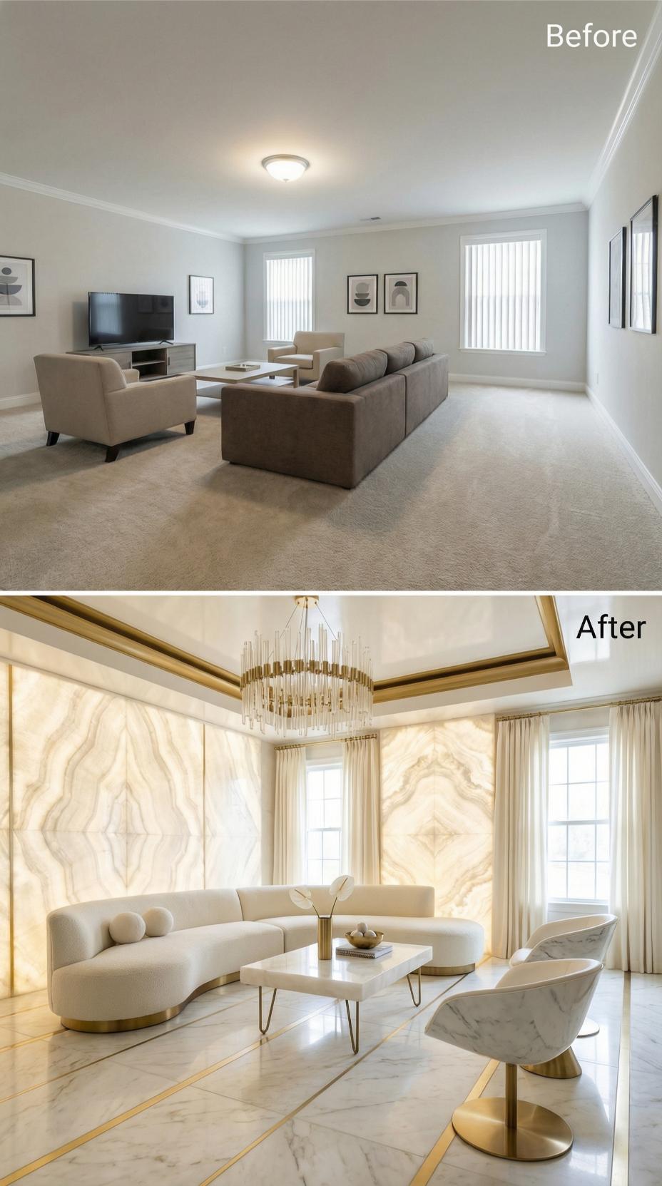 Backlit Onyx Walls and Brass Ceiling Trim Abolished the Beige Carpet Era