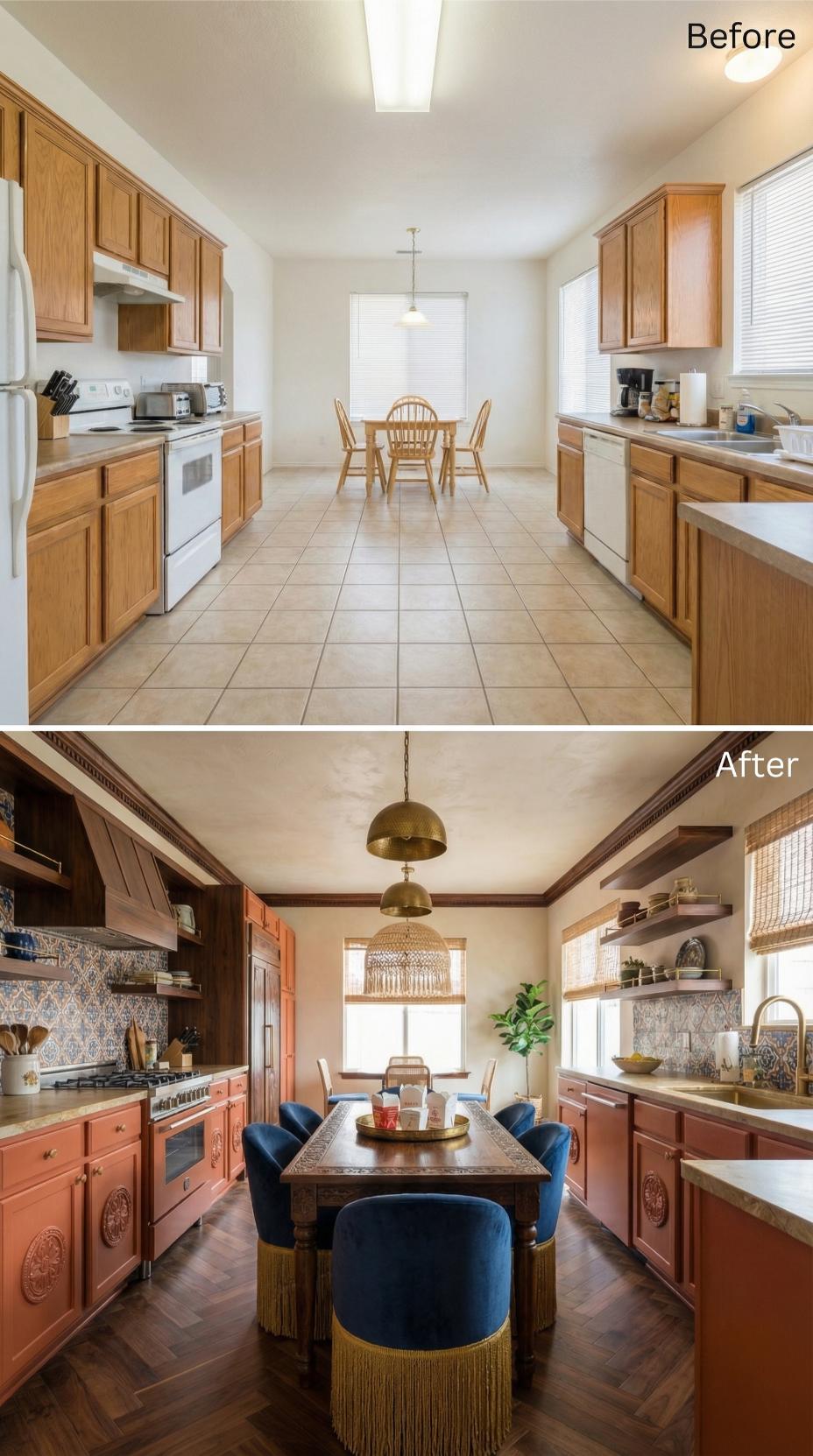 Terracotta Cabinets and Blue Velvet Dining Chairs Finished What Honey Oak Started