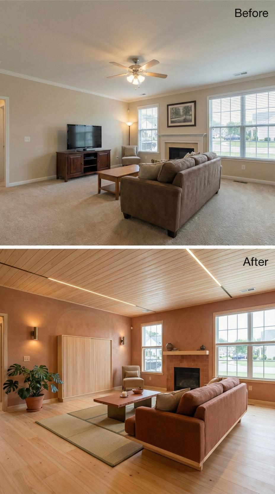 Shiplap Ceiling Planks and LED Channels Trade Beige Carpet for Tatami and Terracotta