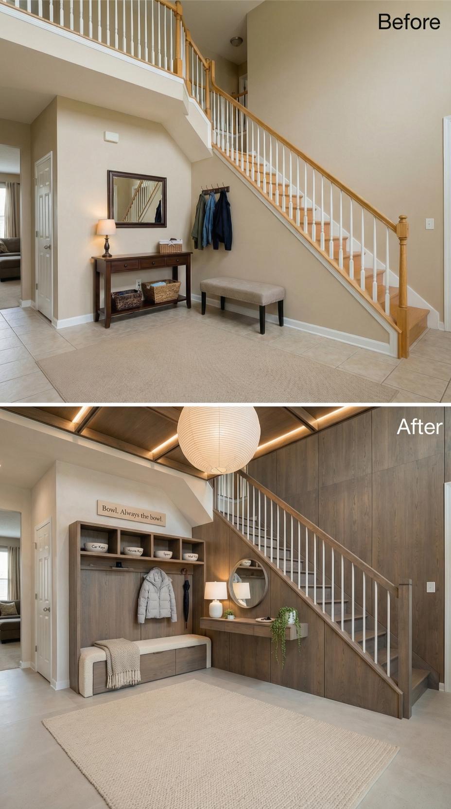 Wood Panel Walls, LED Cove Lighting, and Labeled Bowls for Every Key That Goes Missing