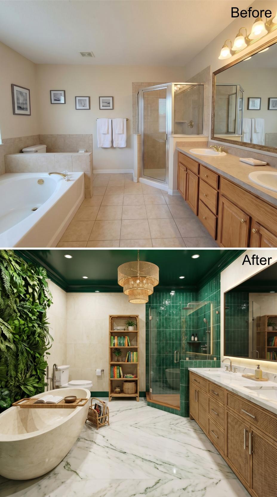 Emerald Tile, a Rattan Chandelier, and Bookshelves That Belong in a Bathroom
