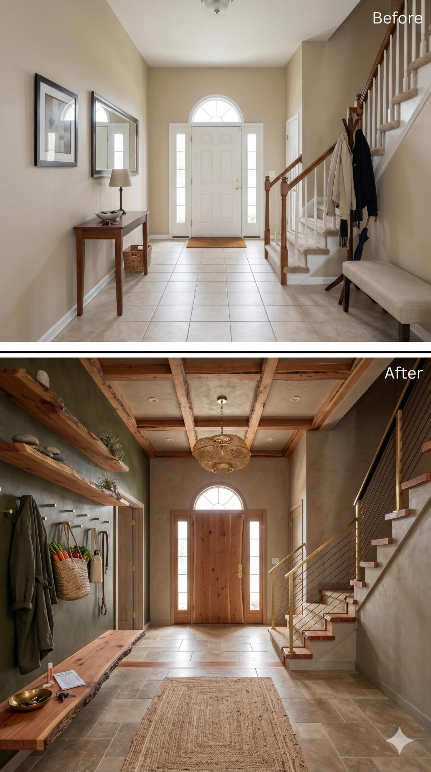 Live-Edge Cedar, Cable Railings, and Olive Plaster Pull a Foyer Into the Present