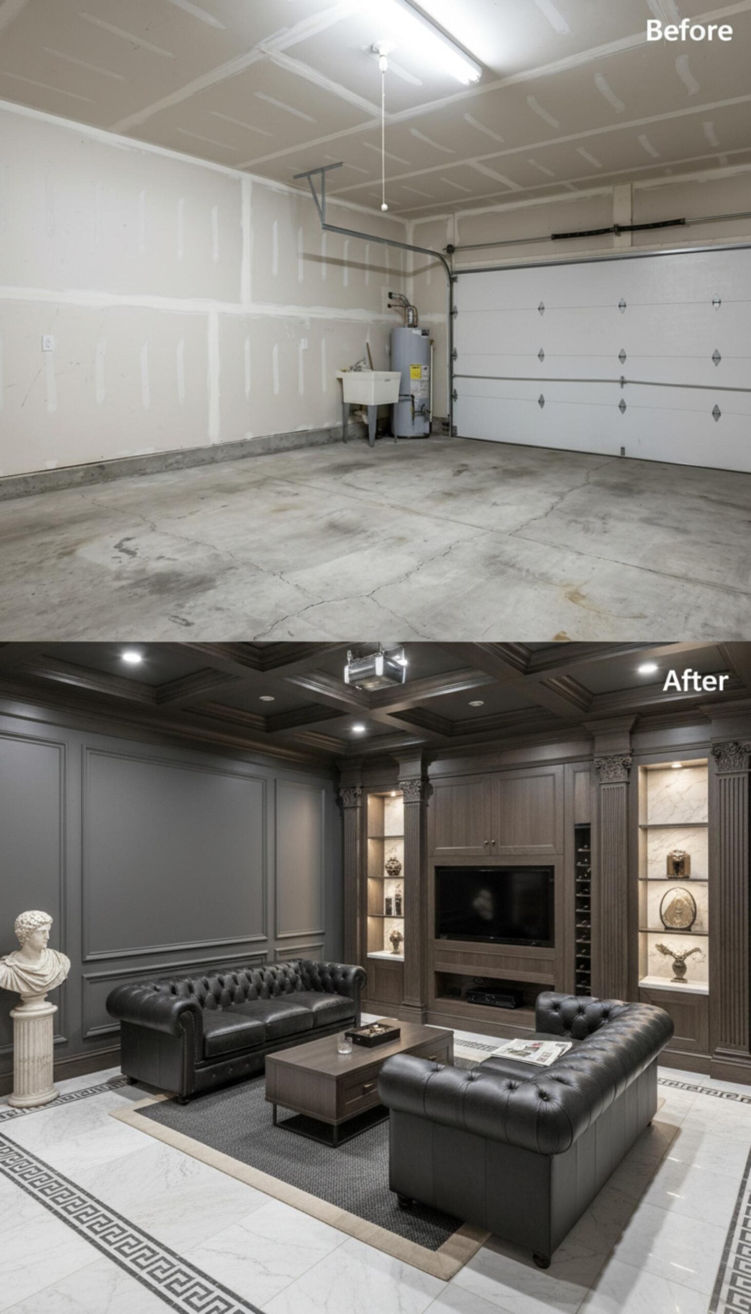 Roman Classical Details and Chesterfield Leather Build a Garage Into a Private Lounge
