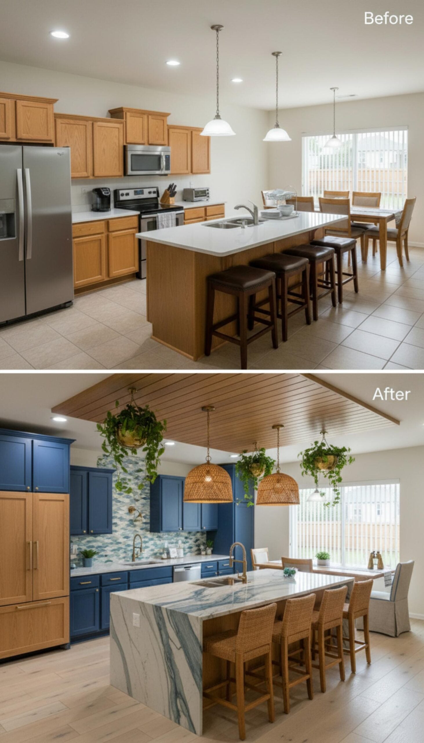 Navy Blue Cabinets, Rattan Pendants, and a Marble Waterfall Island Anchor a Coastal Kitchen