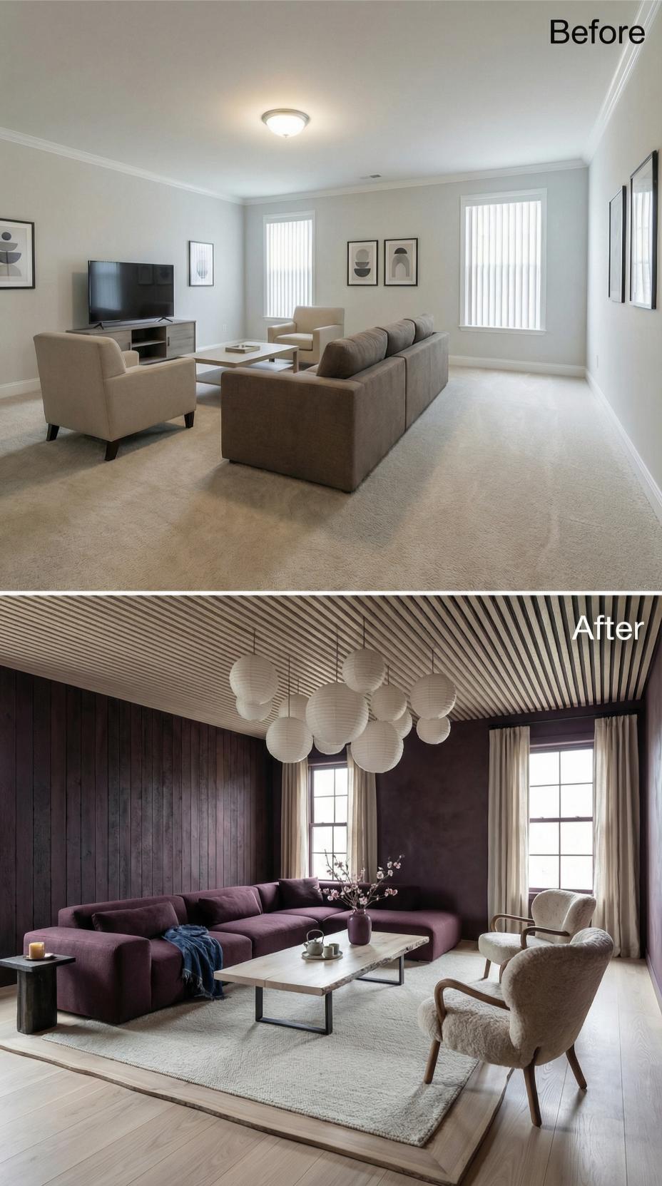 Plum Velvet and Slatted Ceilings Finished What Beige Carpet Started