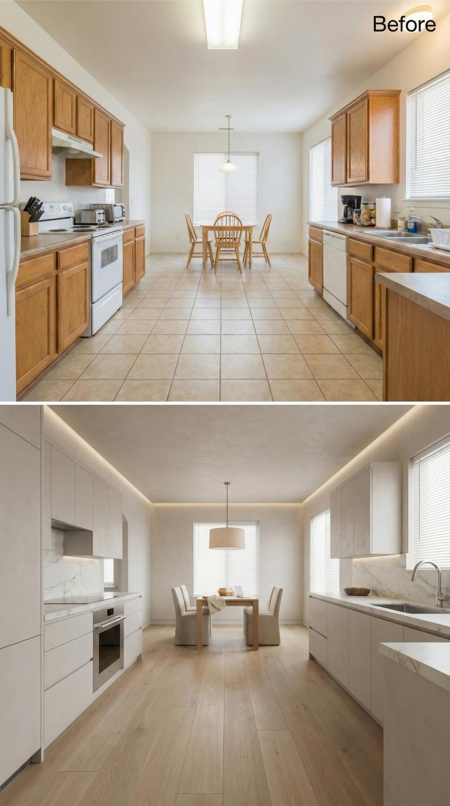 Flat-Face White Cabinetry and Cove Lighting Swept the Honey Oak Out Completely