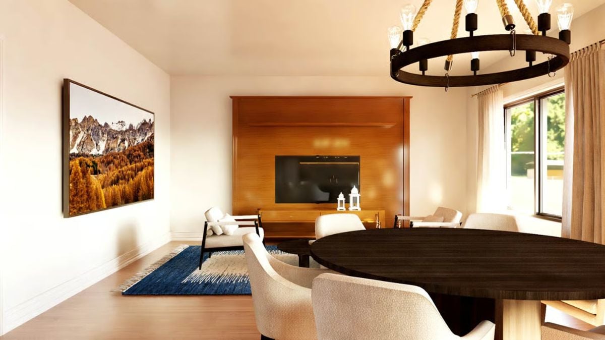 Warm Wood Paneling and a Round Table Ground This Open Living Space