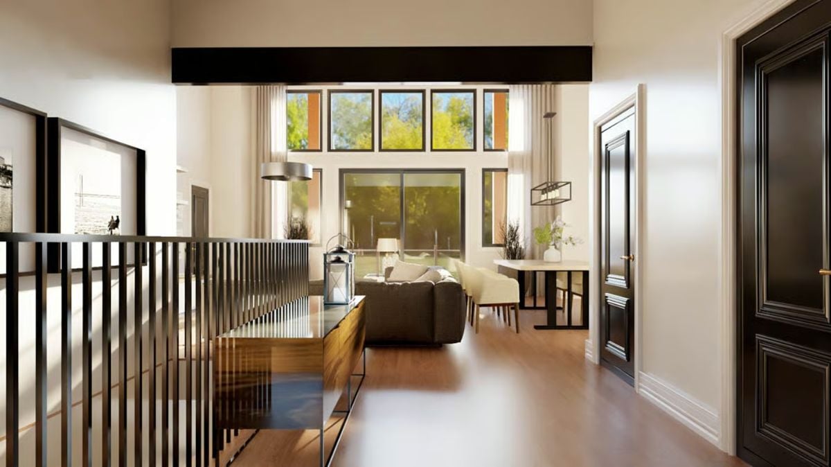 Clerestory Windows and Open Sightlines Define This Living and Dining Zone