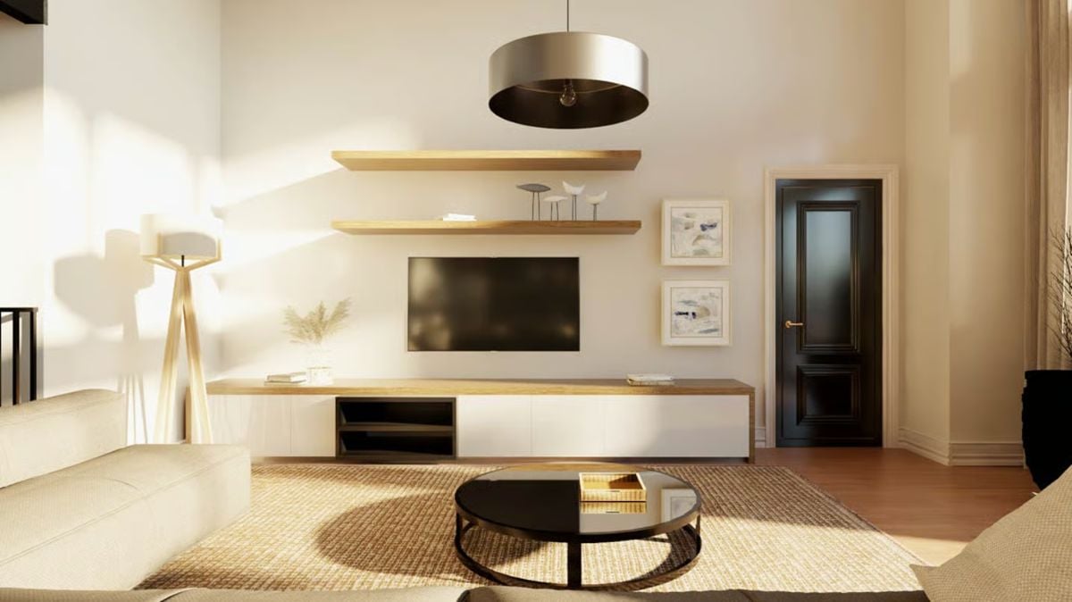 Floating Shelves and a Wall-Mounted Console Keep This Living Room Grounded