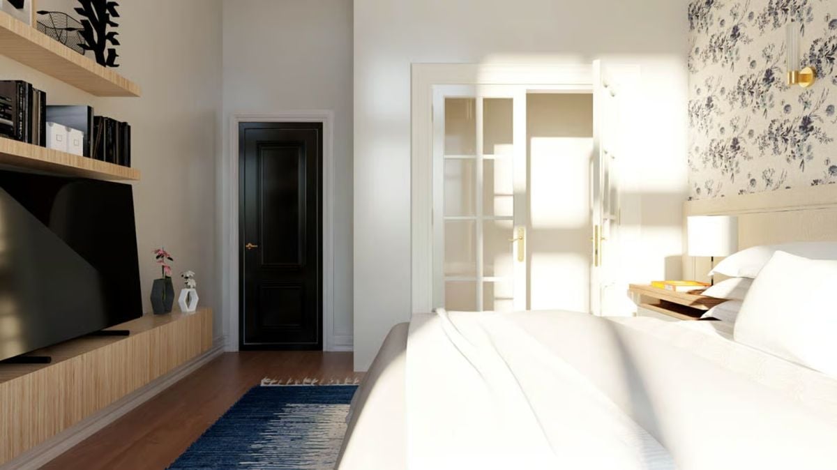 Blue-and-White Wallpaper and Gold Hardware Anchor This Primary Bedroom