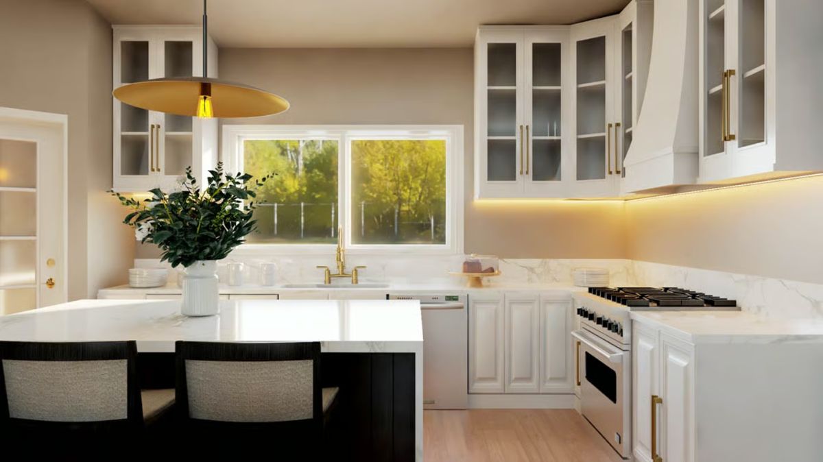 Gold Hardware and Marble Countertops Ground This Kitchen's Classic-Modern Mix