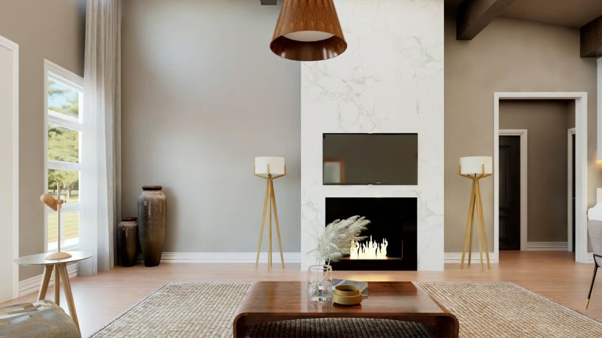 Marble Fireplace Surround and Tripod Floor Lamps Set the Tone in This Living Room